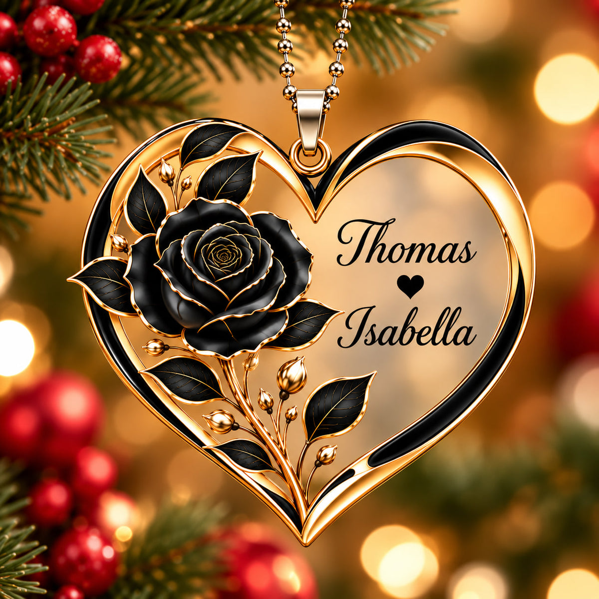 Personalized Names Black Rose Heart Ornament - Romantic Gift for Couple