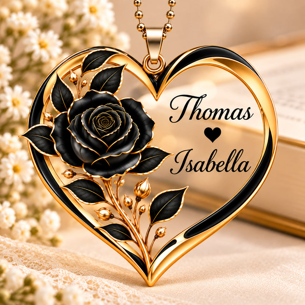Personalized Names Black Rose Heart Ornament - Romantic Gift for Couple
