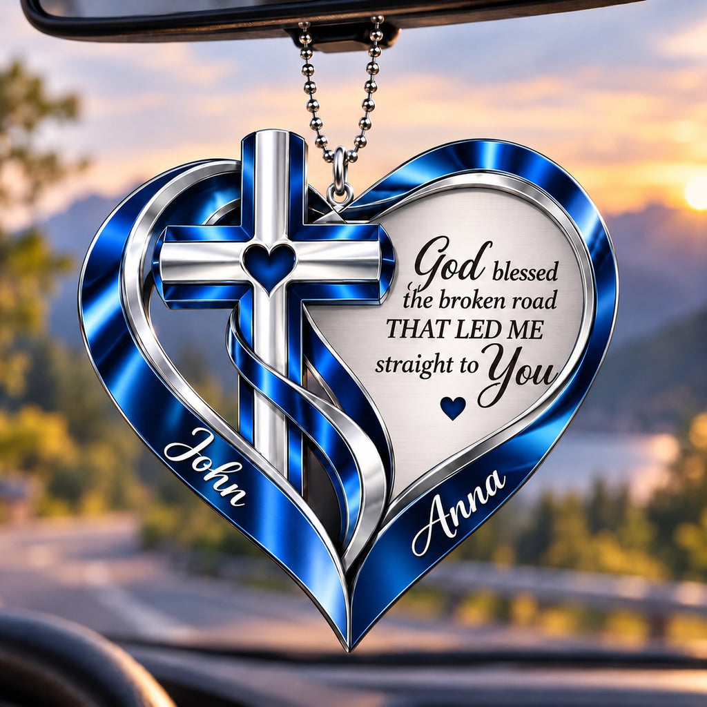 Personalized Names Memorial Cross God Heart Car Ornament - Gift for Jesus Lovers