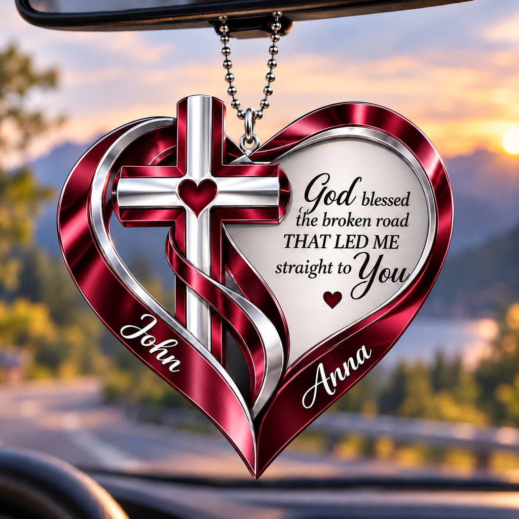 Personalized Names Memorial Cross God Heart Car Ornament - Gift for Jesus Lovers