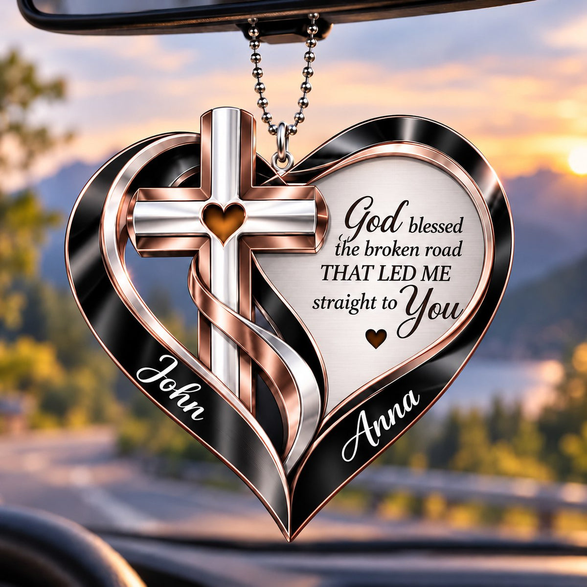 Personalized Names Memorial Cross God Heart Car Ornament - Gift for Jesus Lovers