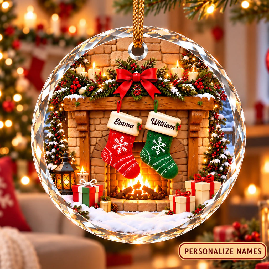 Personalized Round Glass Ornament - Christmas Stocking & Fireplace Gift