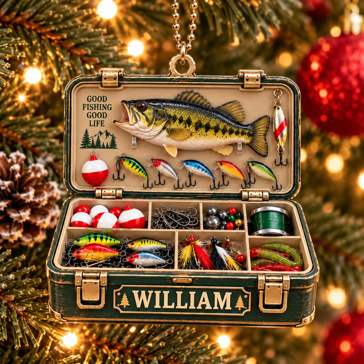3D Raised Personalized Fishing Tackle Box Christmas Ornament