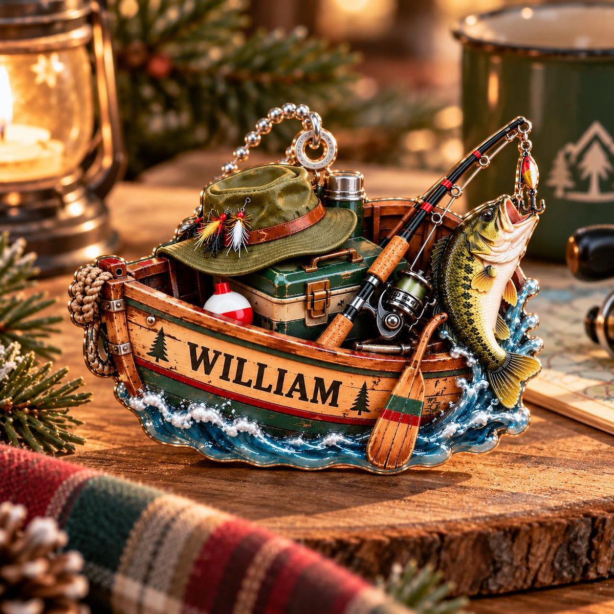 3D Raised Personalized Fishing Boat Christmas Ornament