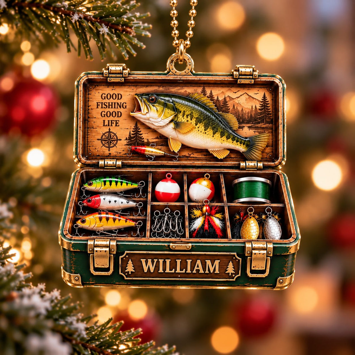 3D Raised Personalized Bass Fishing Tackle Box Christmas Ornament