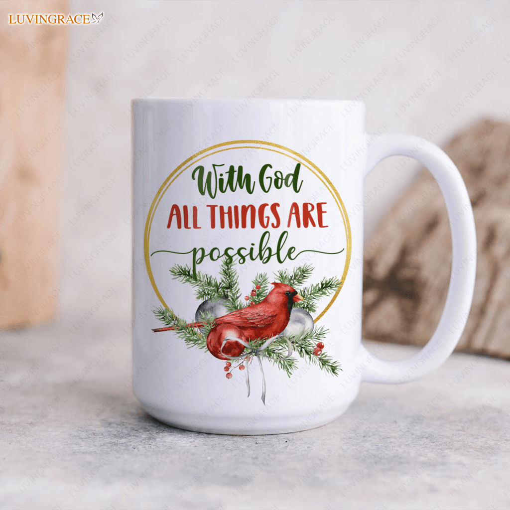 Pine Floral Cardinal With God All Things Are Possible Mug Ceramic