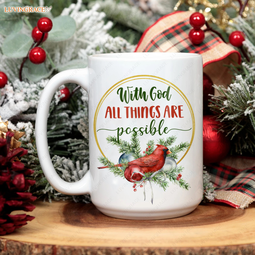 Pine Floral Cardinal With God All Things Are Possible Mug Ceramic