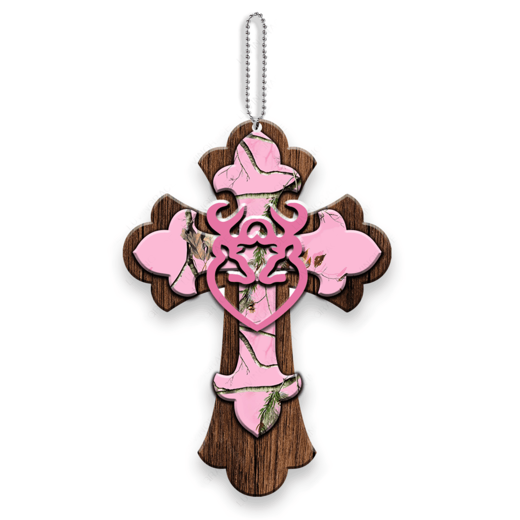Pink Camo Cross With Large Heart Buck And Doe Ornament