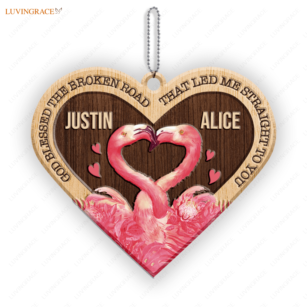 Pink Heart Flamingo Couple God Blessed Personalized Wood Engraved Ornaments Wooden Ornament