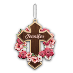 Pink Hibiscus Cross Personalized Wood Engraved Ornaments