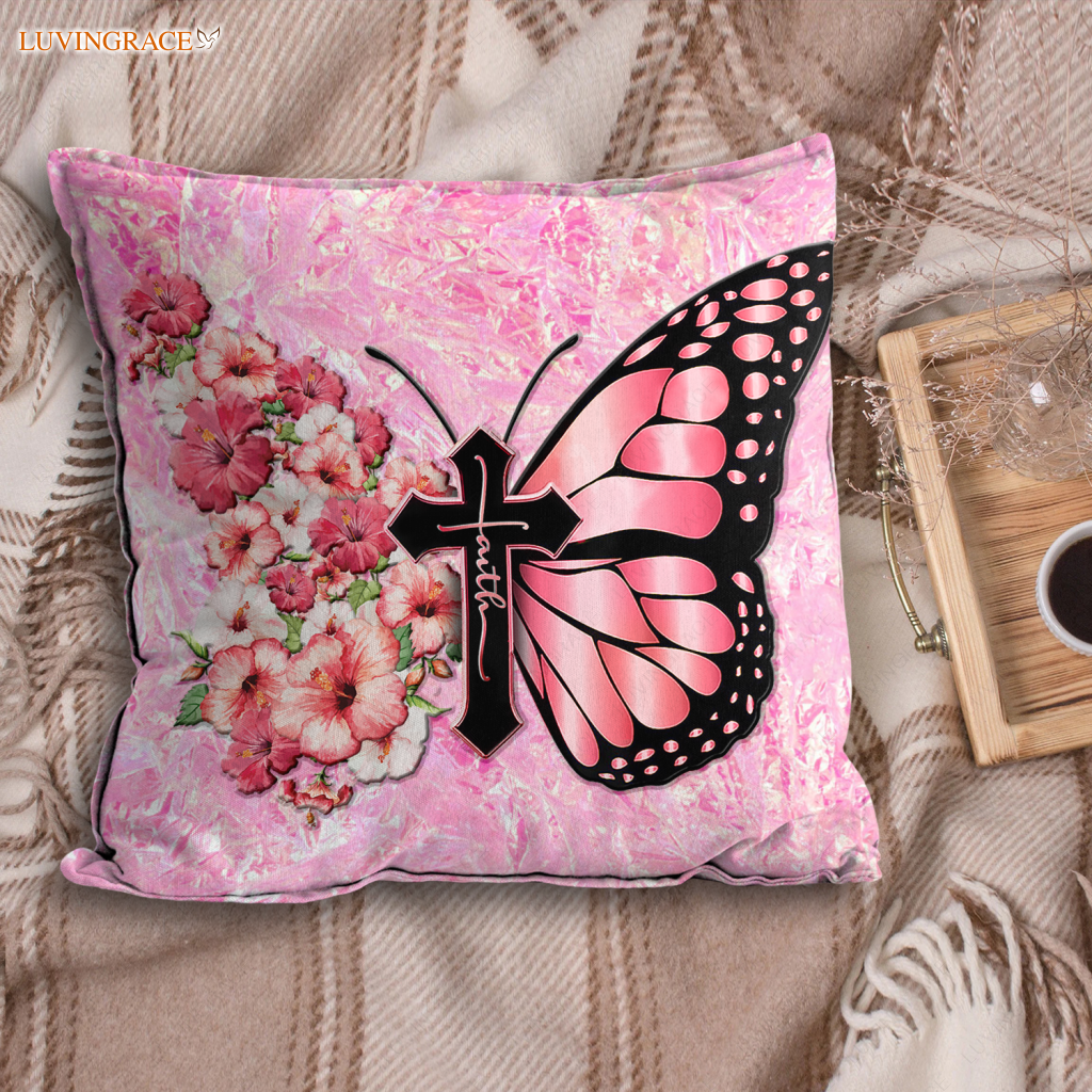 Pink Hologram Hibiscus Faith Cross Butterfly Pillow