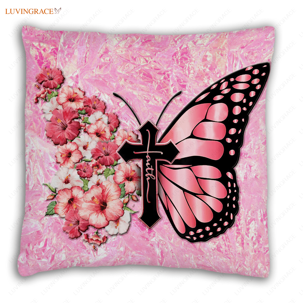 Pink Hologram Hibiscus Faith Cross Butterfly Pillow