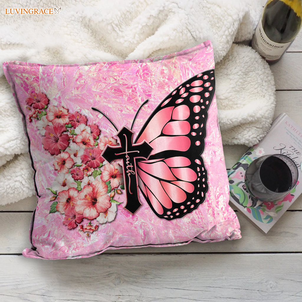 Pink Hologram Hibiscus Faith Cross Butterfly Pillow