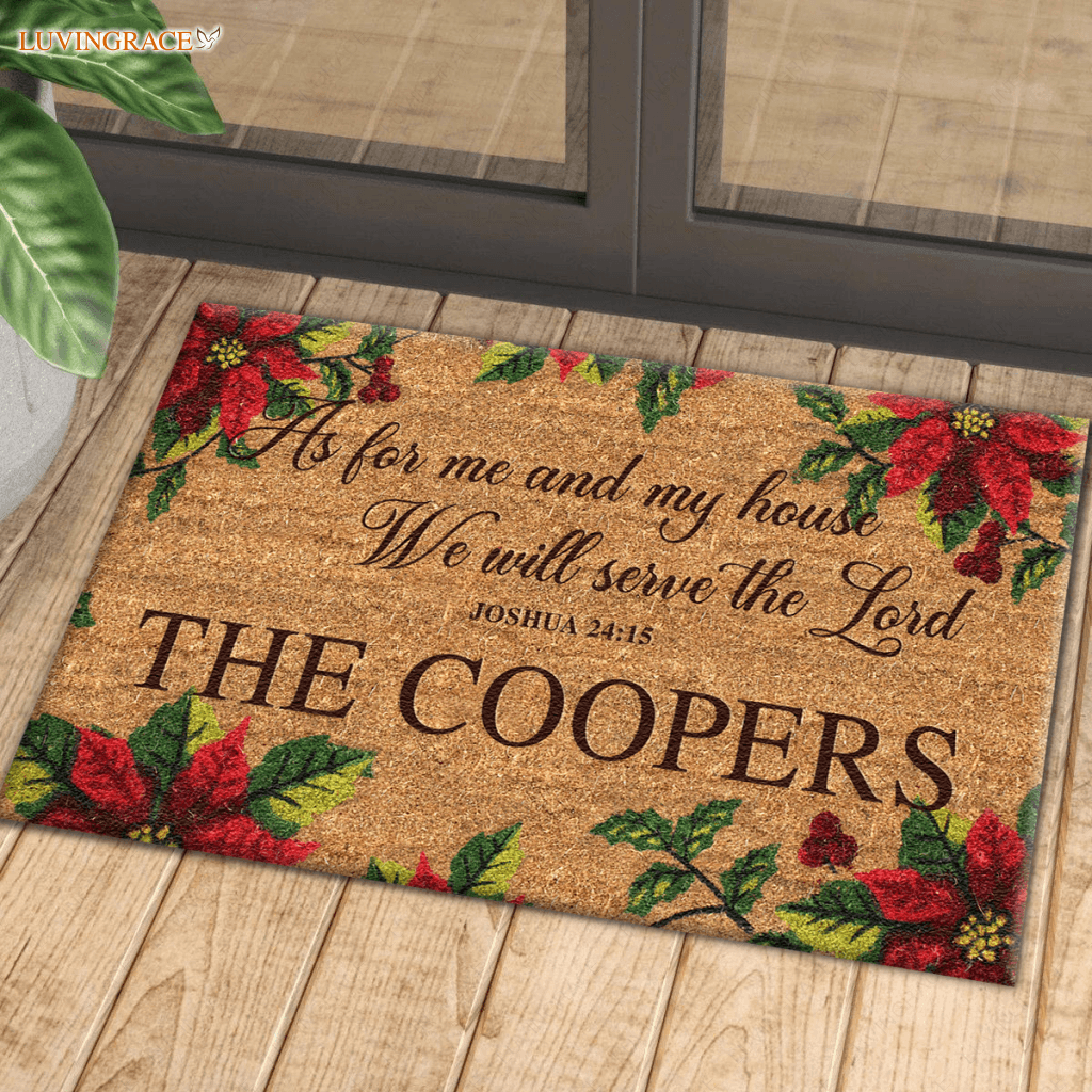 Poinsettia Christmas Serve The Lord Personalized Door Mat Doormat