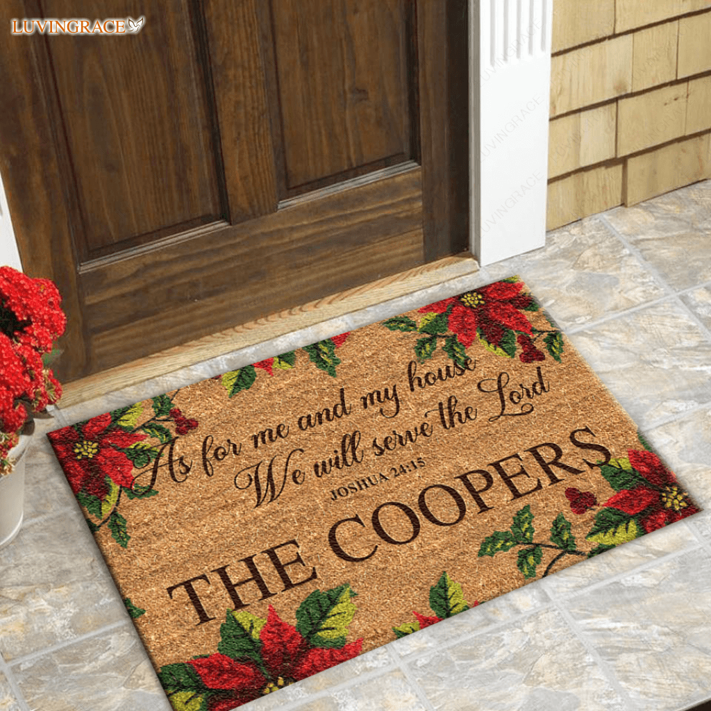 Poinsettia Christmas Serve The Lord Personalized Door Mat Doormat