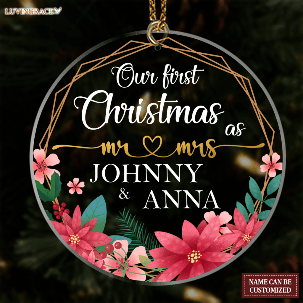 Poinsettia Golden Frame Our First Christmas Couple Personalized Shaped Transparent Ornament