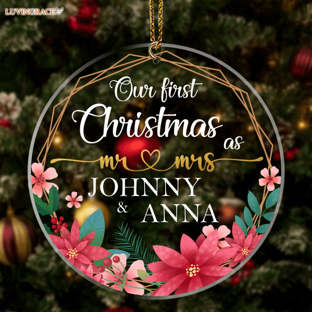 Poinsettia Golden Frame Our First Christmas Couple Personalized Shaped Transparent Ornament