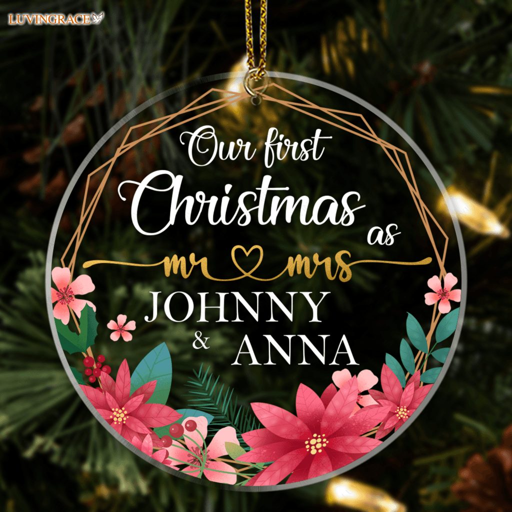 Poinsettia Golden Frame Our First Christmas Couple Personalized Shaped Transparent Ornament