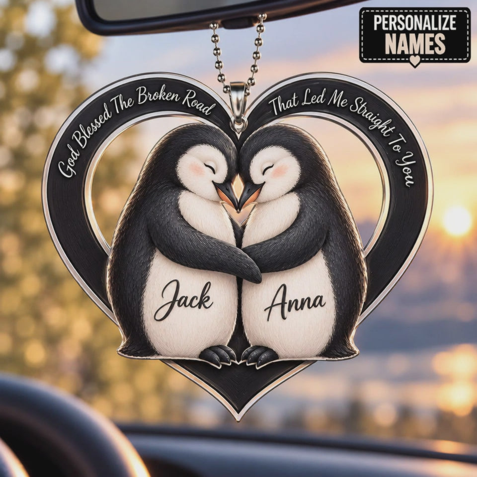 Video for Personalized Penguin Couple Ornament - Custom Names God Blessed Heart Car Ornament - Perfect Gift for Couples, Anniversary Gift for Penguin Lovers