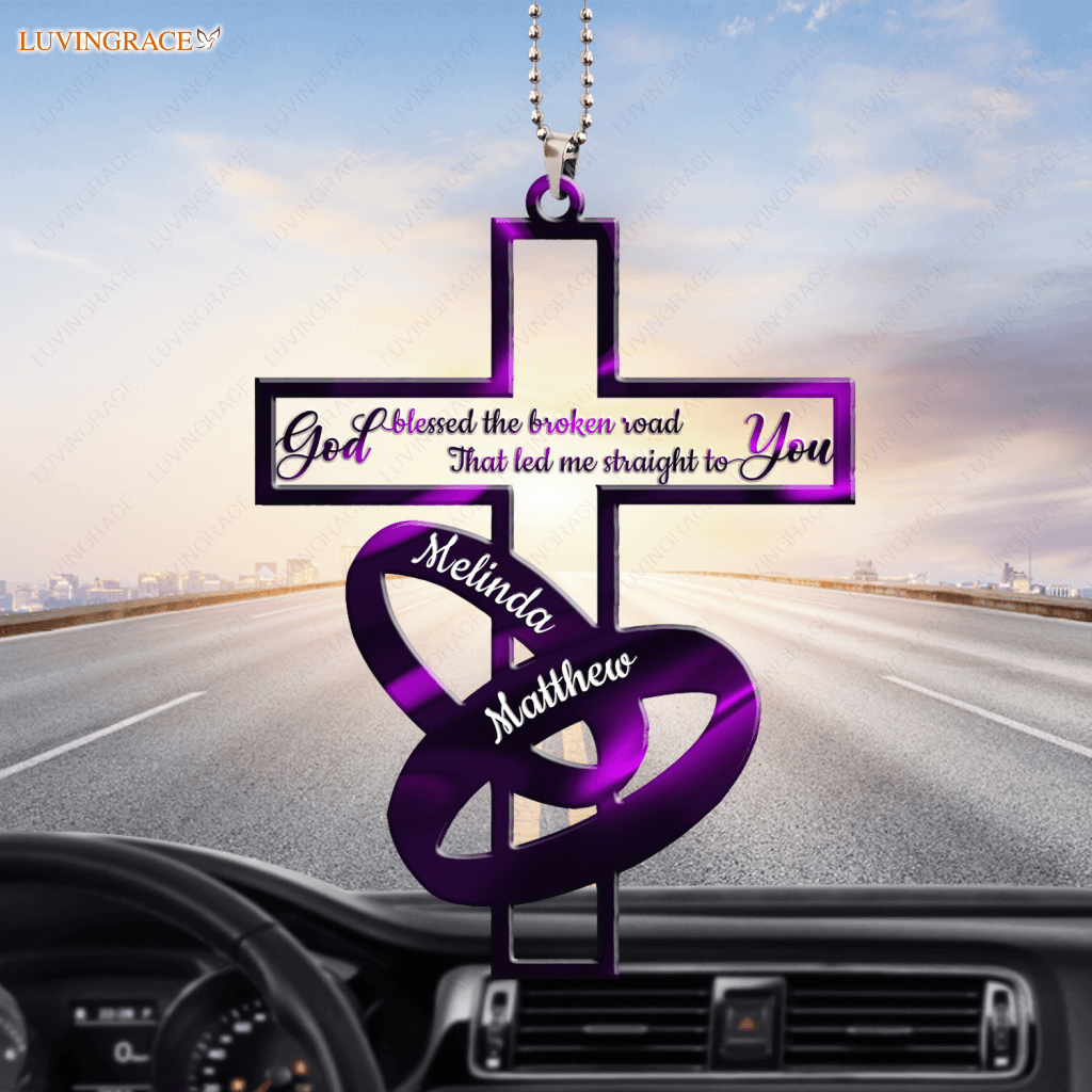 Purple Cross Couple Rings God Blessed Personalized Ornament