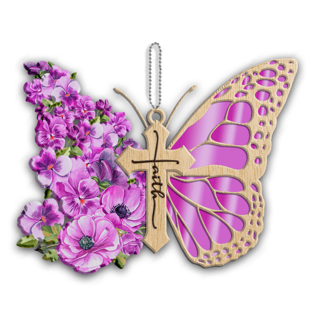 Purple Pansies Butterfly Wood Engraved Ornaments