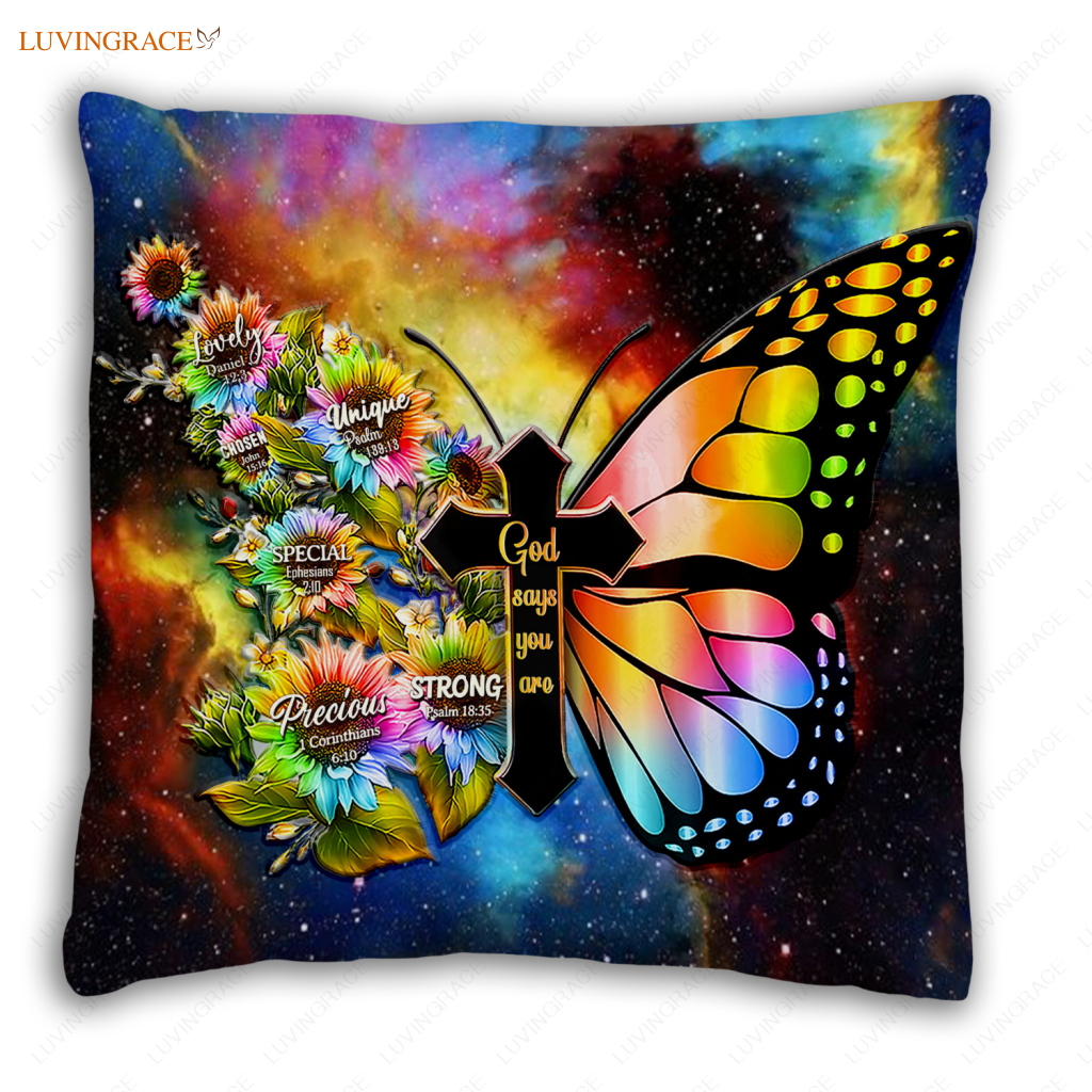 Rainbow Butterfly Cross God Says You Are Pillow