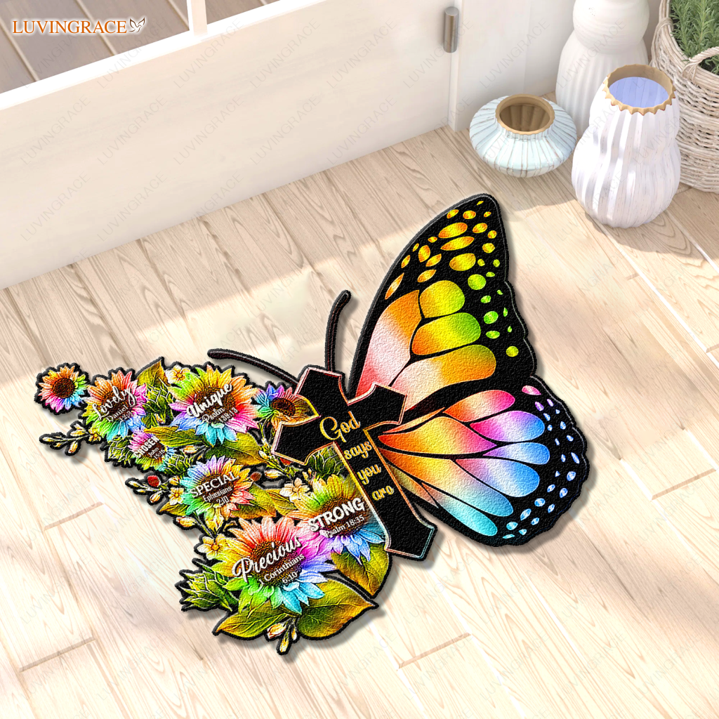 Rainbow Butterfly Cross God Says You Are Shaped Luxurious Doormat