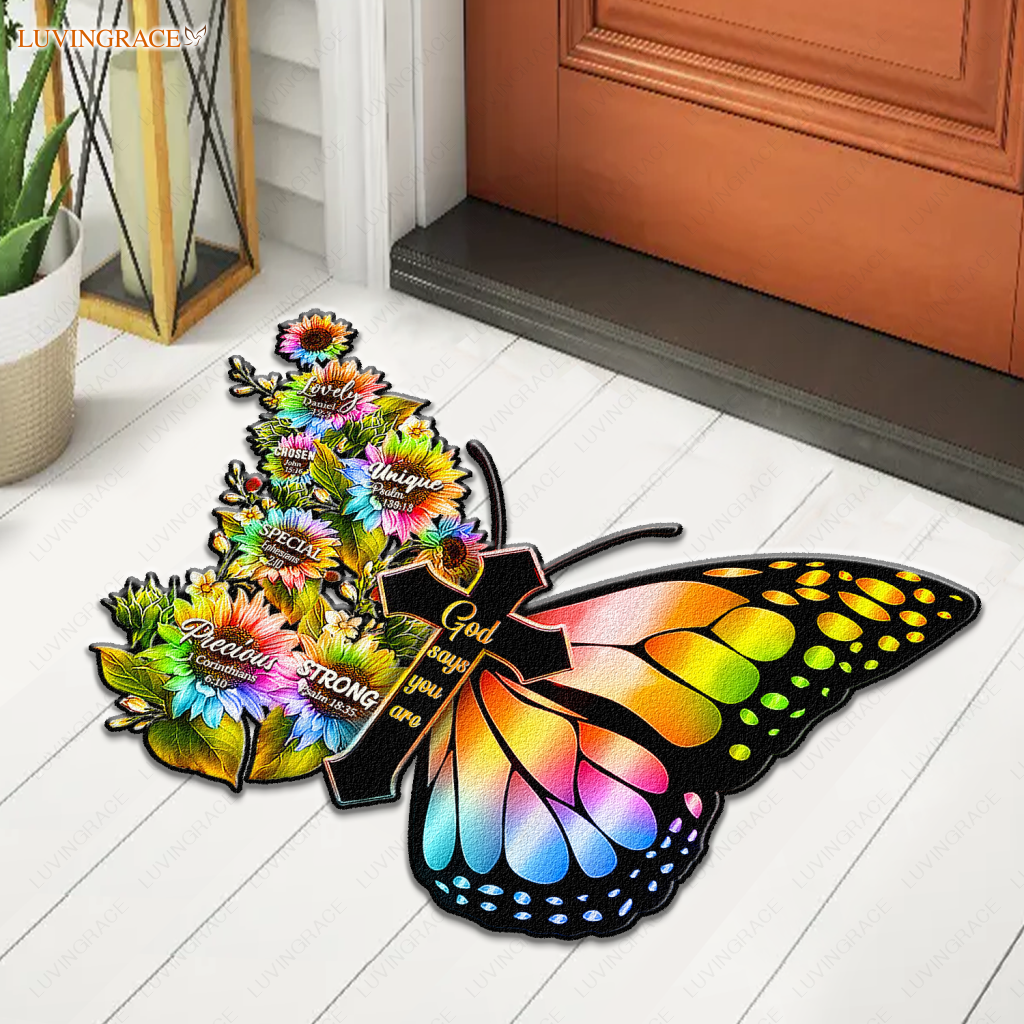 Rainbow Butterfly Cross God Says You Are Shaped Luxurious Doormat