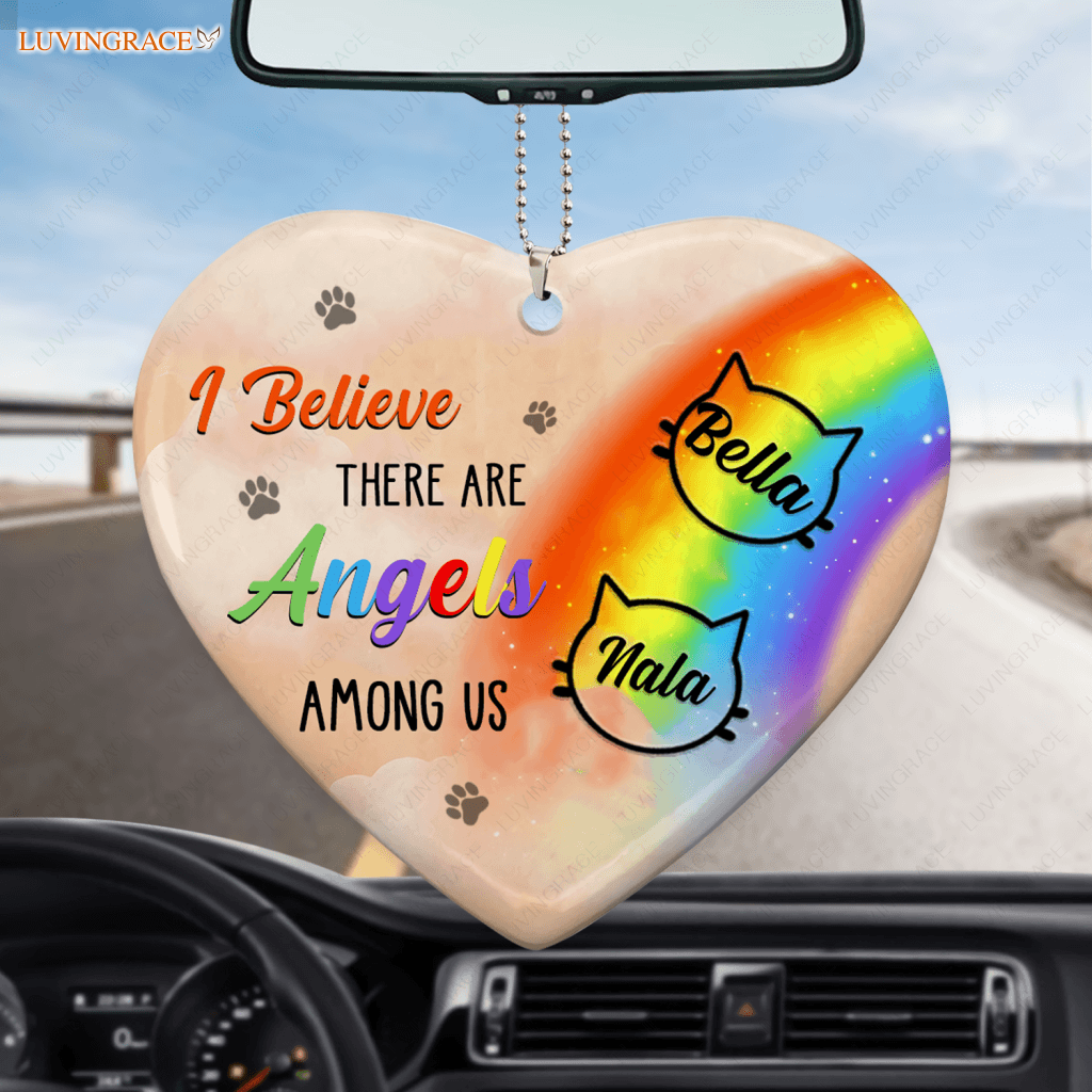 Rainbow Cat Angels Among Us Memorial Personalized Heart Ornament