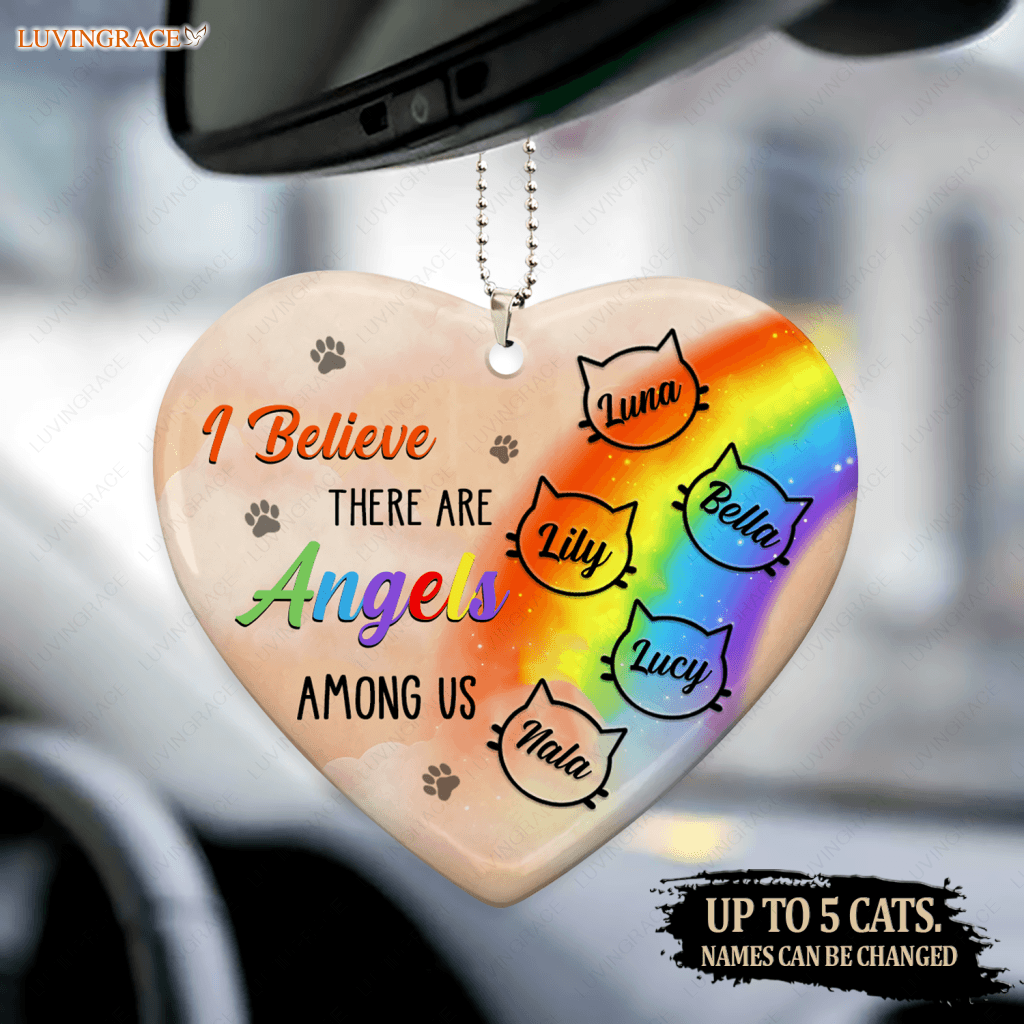 Rainbow Cat Angels Among Us Memorial Personalized Heart Ornament