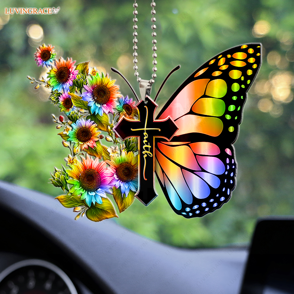 Rainbow Sunflower Butterfly Faith Ornament