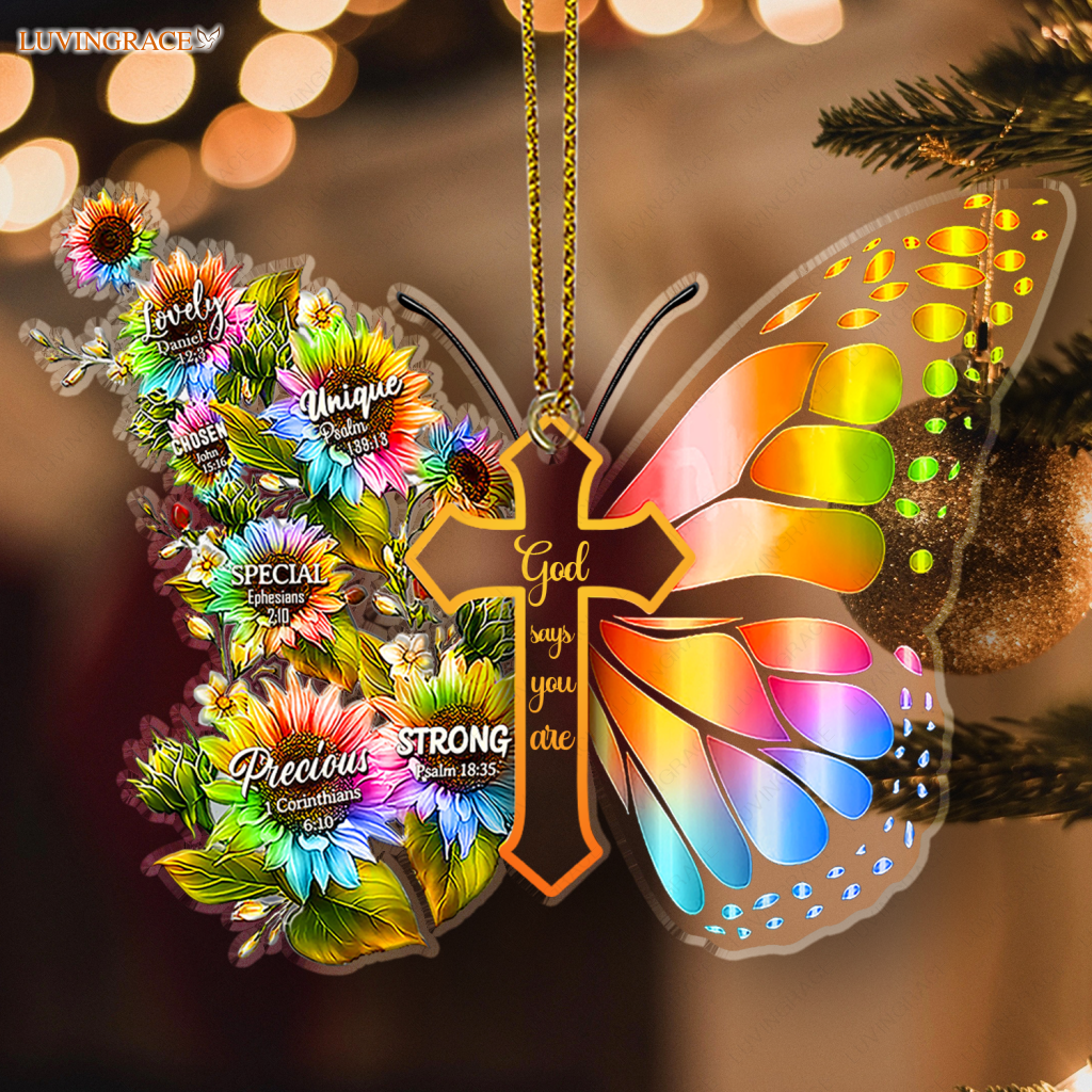 Rainbow Sunflower Butterfly God Says You Are Transparent Ornament