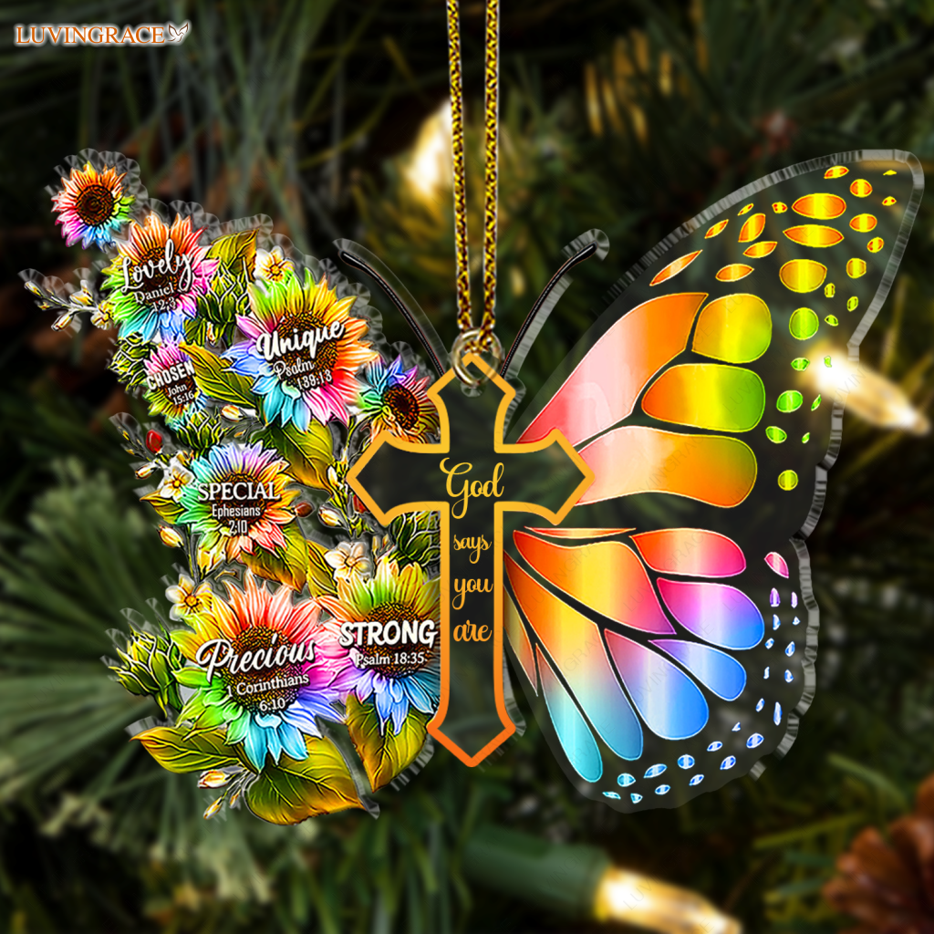 Rainbow Sunflower Butterfly God Says You Are Transparent Ornament