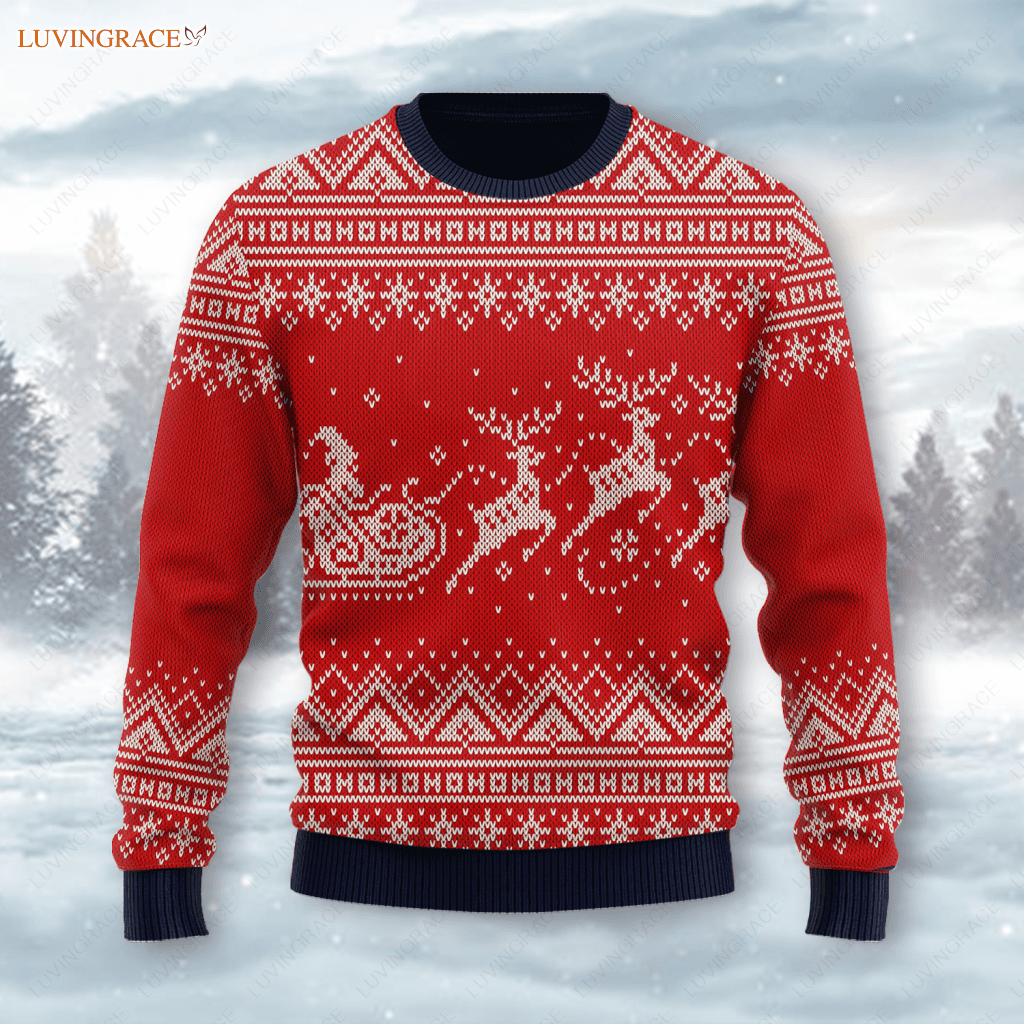 Red Christmas Santa Reindeer Wool Knitted Pattern Ugly Sweater S Sweatshirt