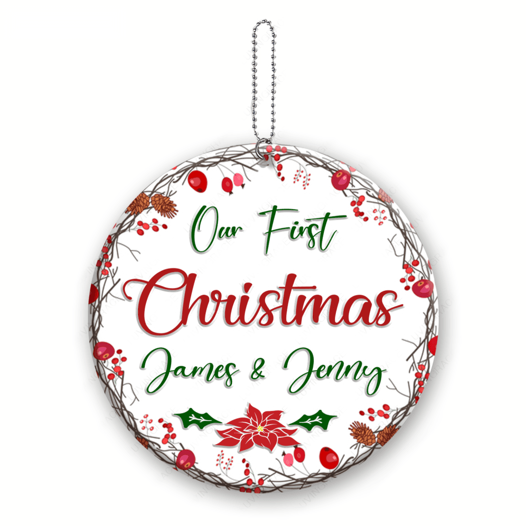 Red Floral Frame Poinsettia Our First Christmas Couple Personalized Ornament