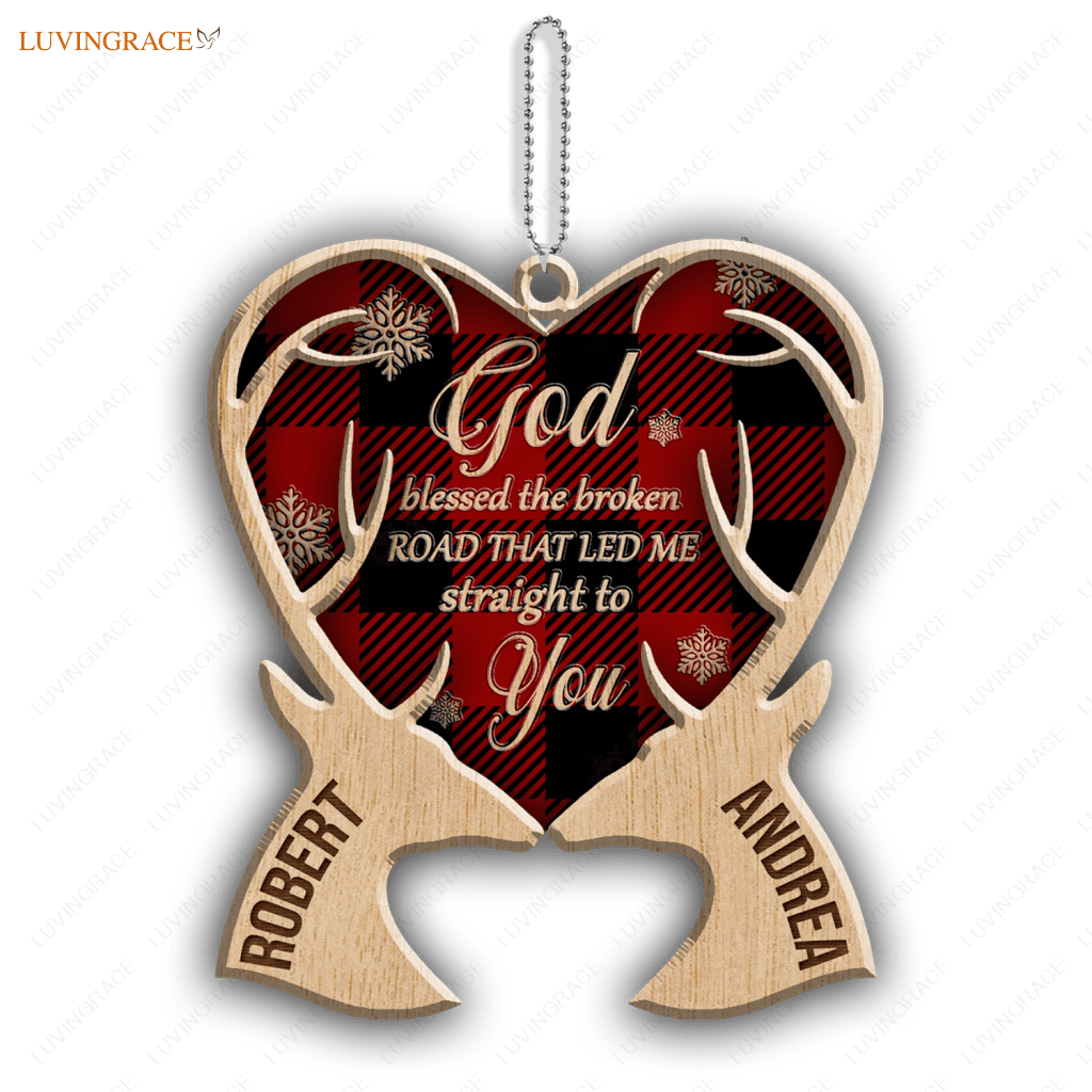 Red Tartan Deer Couple God Blessed Wood Engraved Ornaments Wooden Ornament