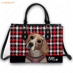 Red Tartan Plaid Cartoon Pet Digital Painting Portrait - Personalized Custom Leather Bag Handbags