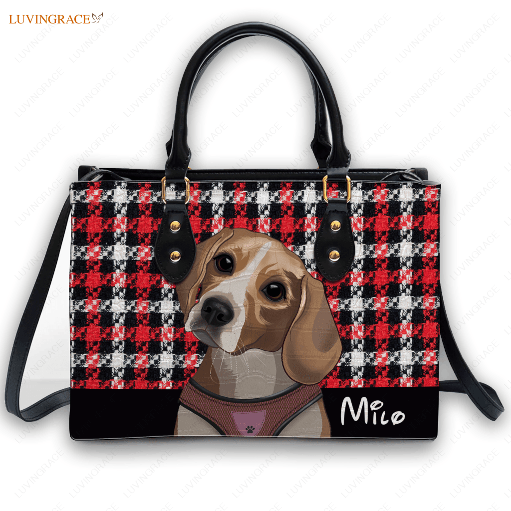 Red Tartan Plaid Cartoon Pet Digital Painting Portrait - Personalized Custom Leather Bag Handbags