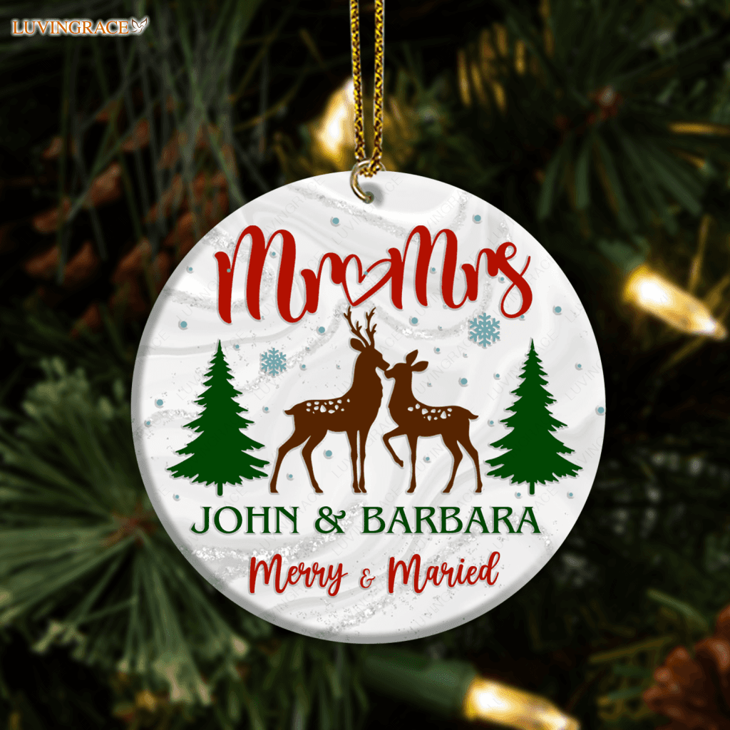 Reindeer Christmas Pine Merry And Married Personalized Ornament Ceramic