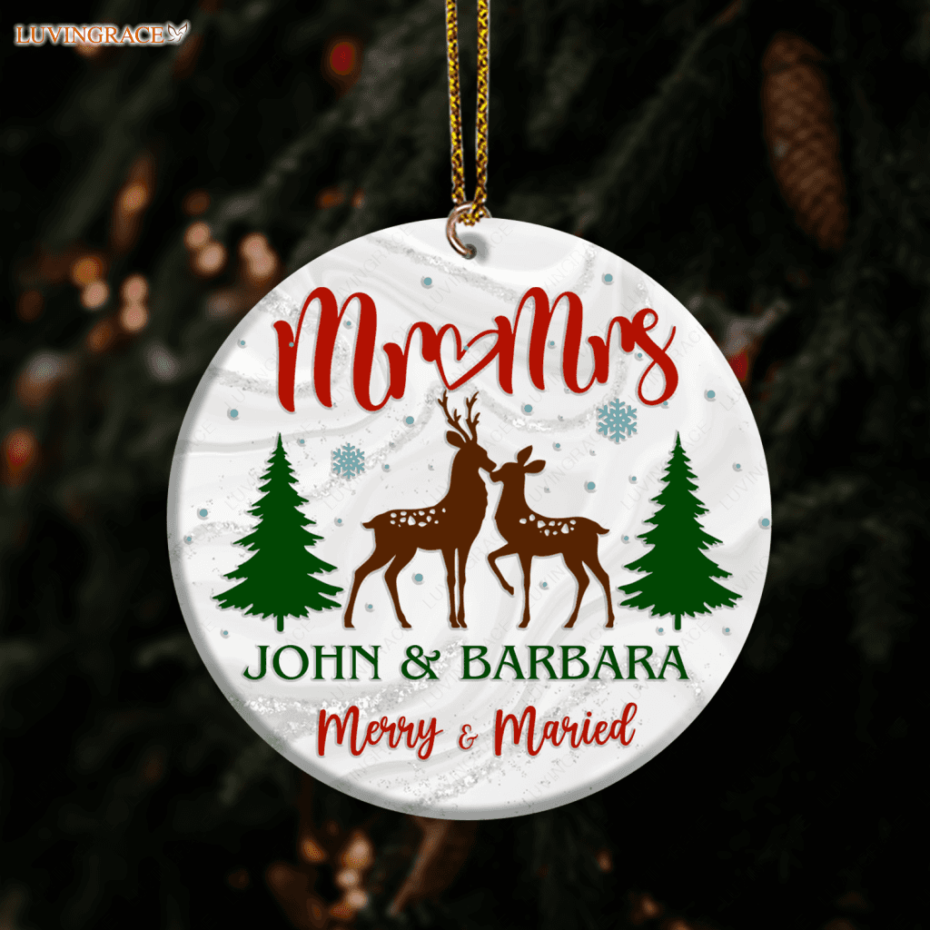 Reindeer Christmas Pine Merry And Married Personalized Ornament Ceramic