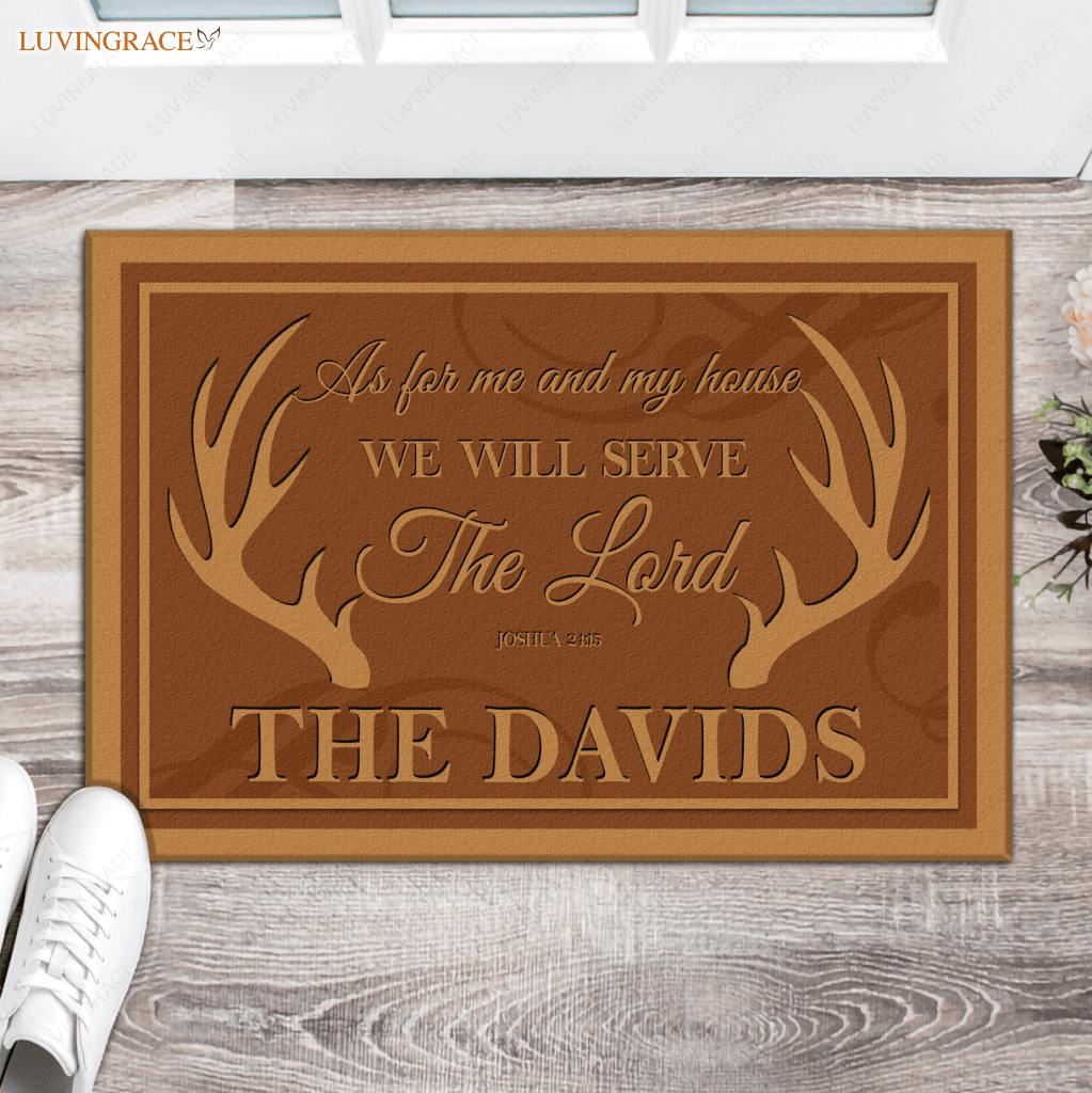 Rustic Buck Antlers Serve The Lord Personalized Doormat