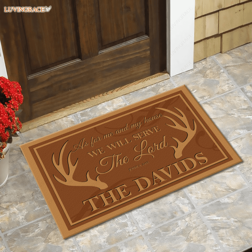 Rustic Buck Antlers Serve The Lord Personalized Doormat