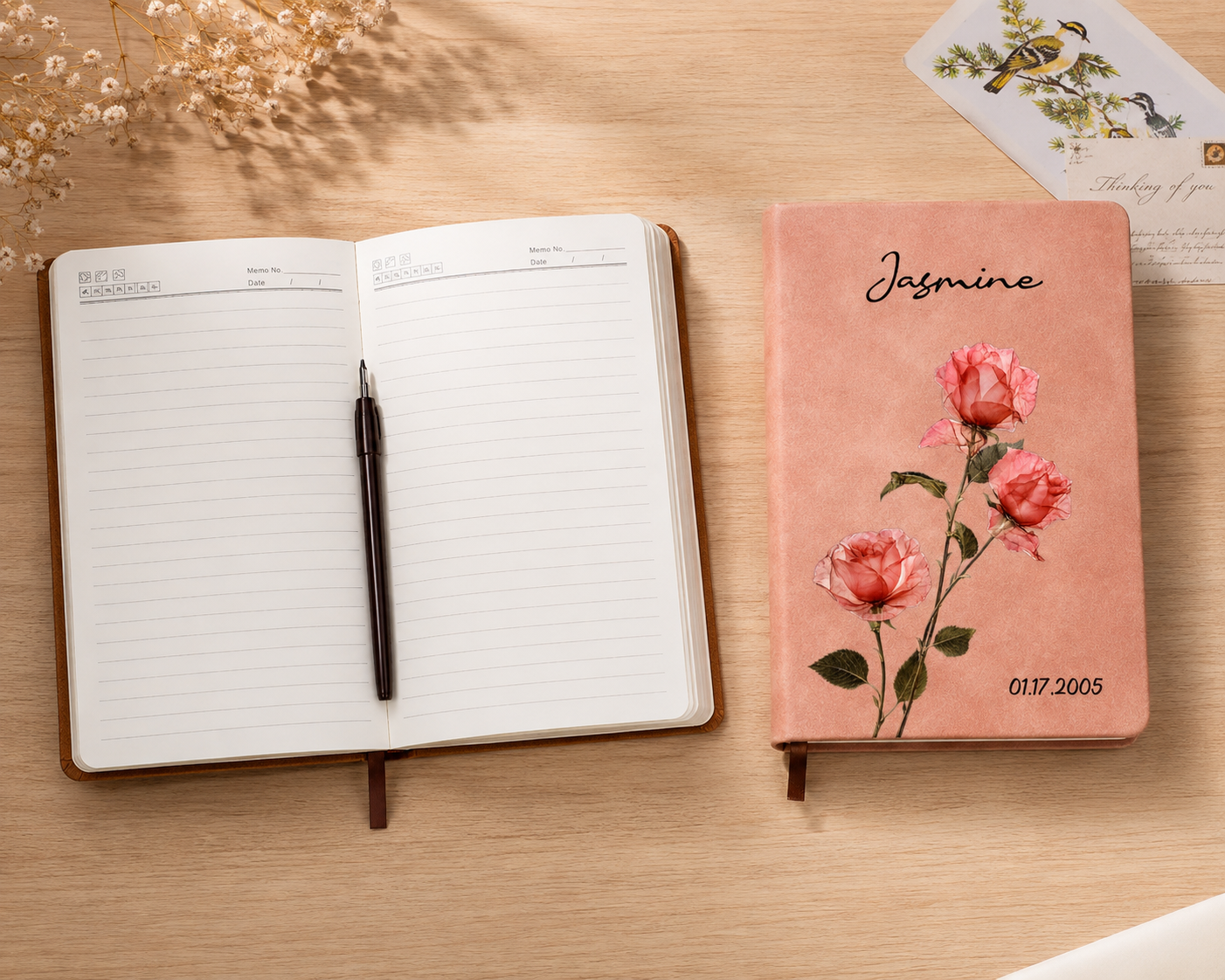 Custom Leather Journal - Personalized Vintage Birth Month Flower Notebook- Gifts for Birthday, Flower Lovers & women