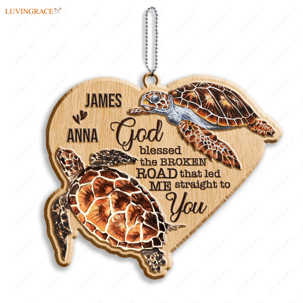 Sea Turtle Couple God Blessed Personalized Wood Engraved Ornaments Wooden Ornament