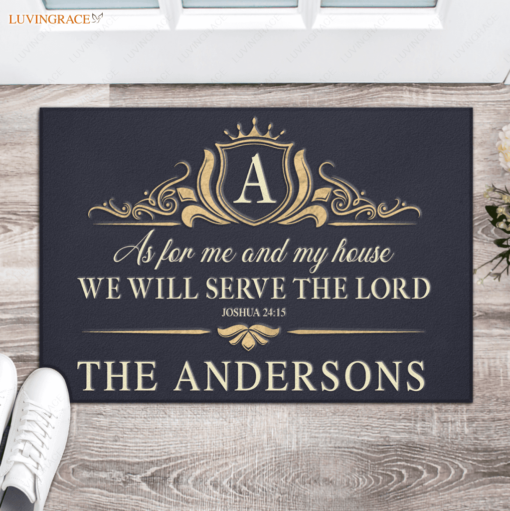 Shield Monogram Serve The Lord Personalized Doormat