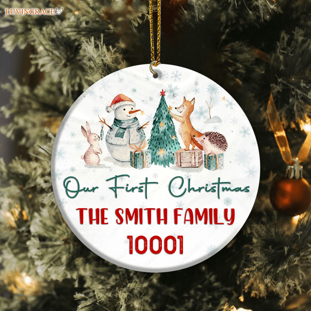 Snowman And Little Animal Our First Christmas Family Name Zip Code Personalized Ornament Ceramic