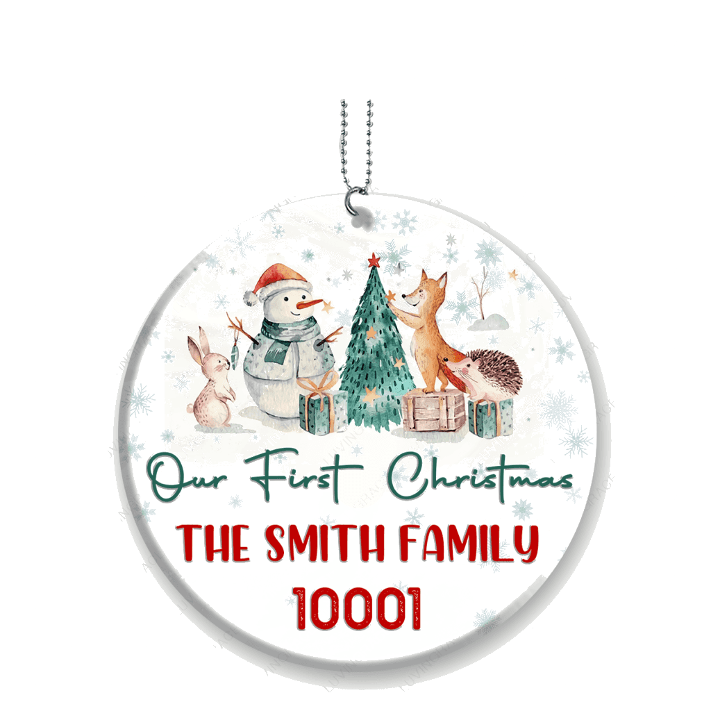 Snowman And Little Animal Our First Christmas Family Name And Zip Code Personalized Ornament
