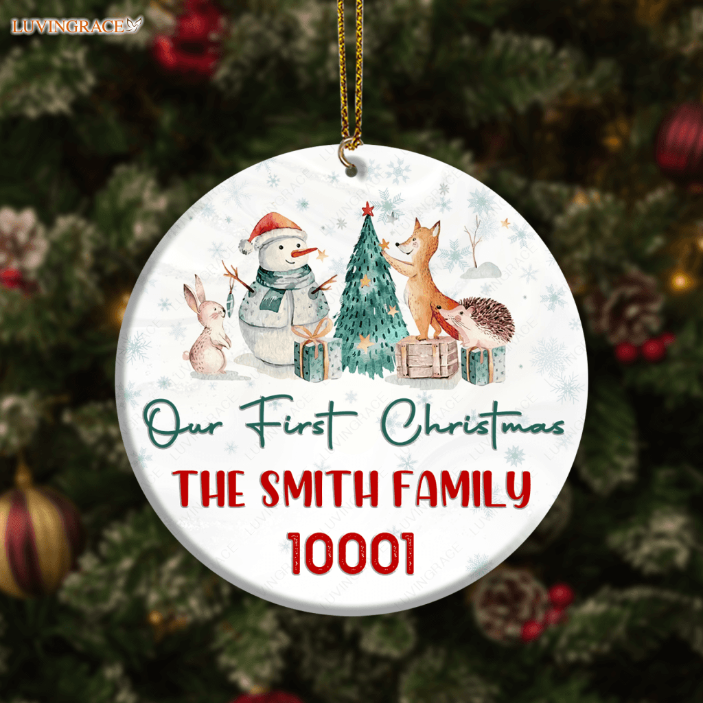 Snowman And Little Animal Our First Christmas Family Name Zip Code Personalized Ornament Ceramic