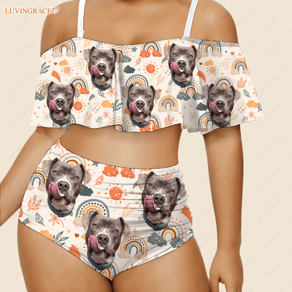 Special Boho Rainbow Pattern Custom Face Photo Bikini Swimsuit Swimsuits