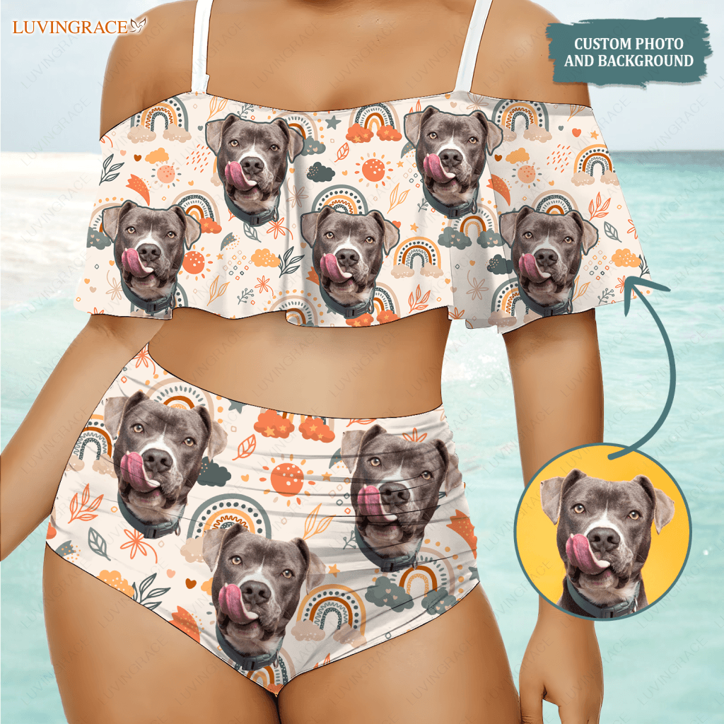 Special Boho Rainbow Pattern Custom Face Photo Bikini Swimsuit Swimsuits